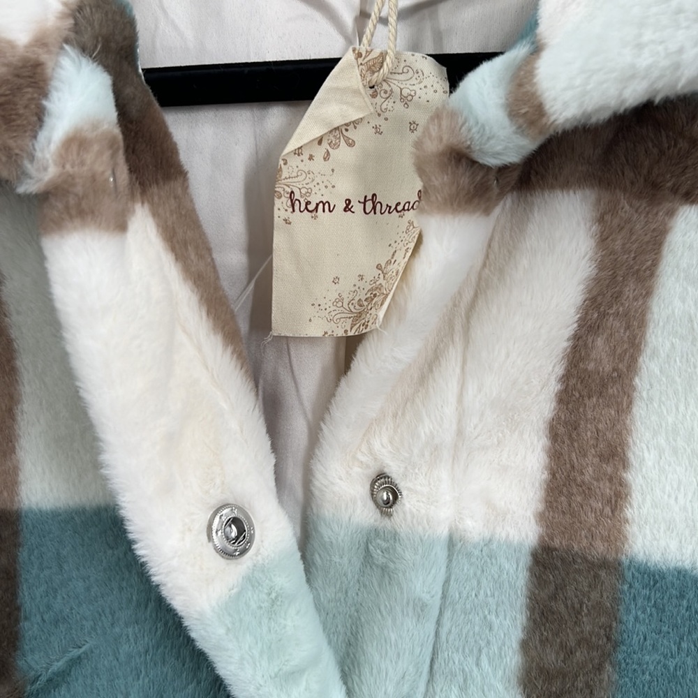 🆕Hem & Thread Fleece Jacket Plaid Colorblock Teal/Robins Egg Blue & Cream NWT - Picture 7 of 13